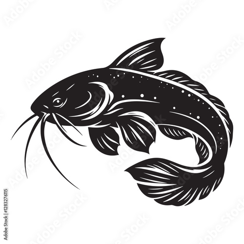 Dramatic Catfish silhouette, featuring strong contrast and bold lines - Catfish illustration - Minimalist Catfish vector - Fish silhouette
