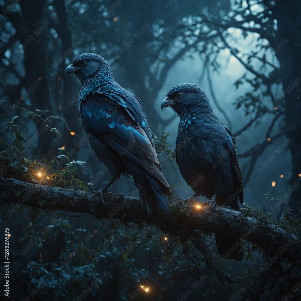 Fototapeta premium .Fantasy birds with runes glowing along their feathers, perched in an enchanted realm.