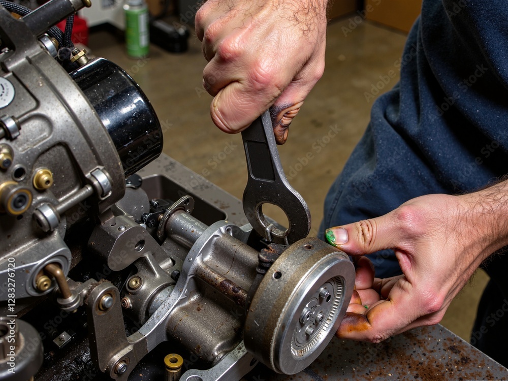 A mechanic disassembles a complex mechanical unit in a workshop.
A mechanic disassembles a complex mechanical unit in a workshop.