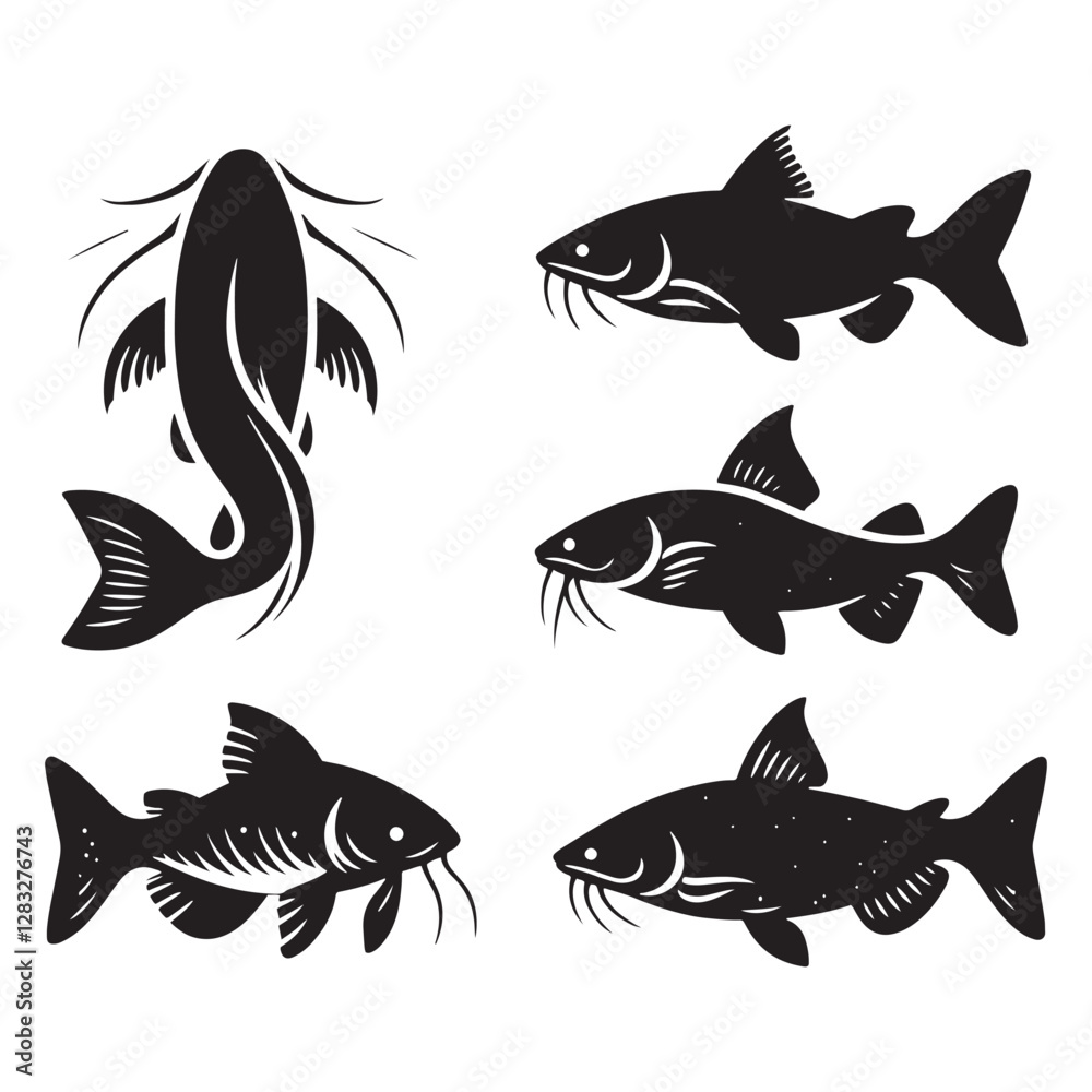 Naklejka premium Crisp Catfish silhouette, with clear, sharp lines for high-quality visuals - Catfish illustration - Minimalist Catfish vector - Fish silhouette