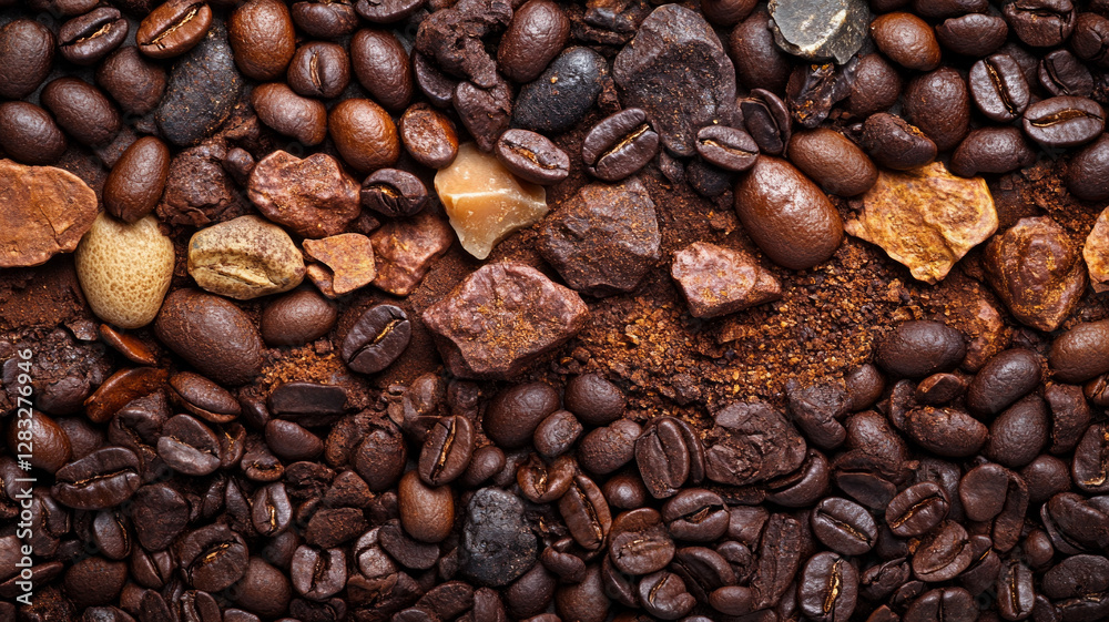 Fototapeta premium A pile of coffee beans with some rocks in between