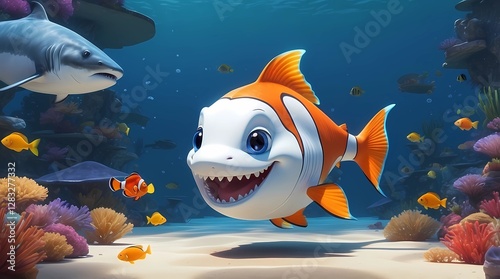 A cartoonish fish with a big smile on its face is swimming in a coral reef with