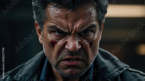 A man with a bloody face is staring at the camera