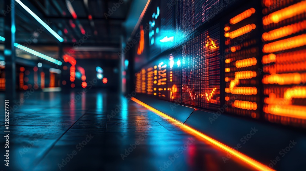 Futuristic stock exchange hallway illuminated with neon lights and modern technology elements Futuristic stock exchange hallway illuminated with neon lights and modern technology elements