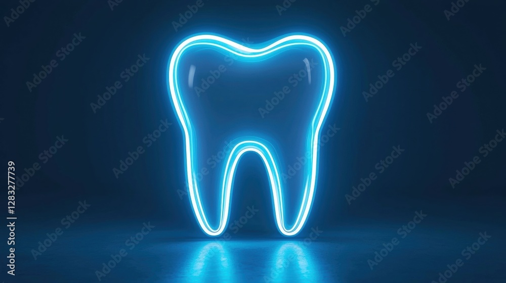 Neon glowing tooth icon on a dark background
