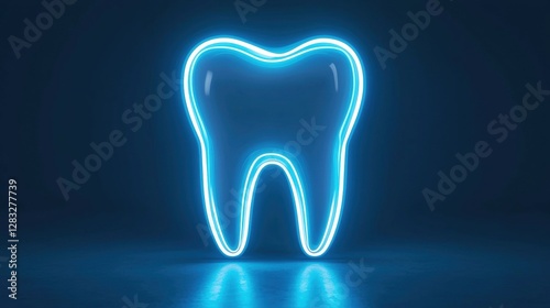 Neon glowing tooth icon on a dark background