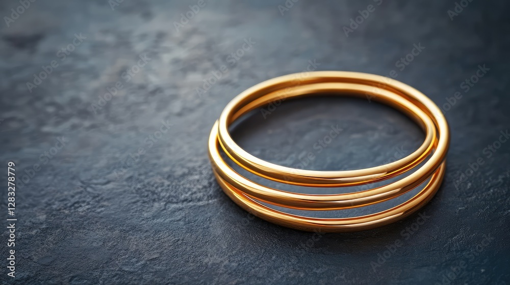 Thin minimalist gold rings stacked together, placed on a modern dark gray background. No text, no people.