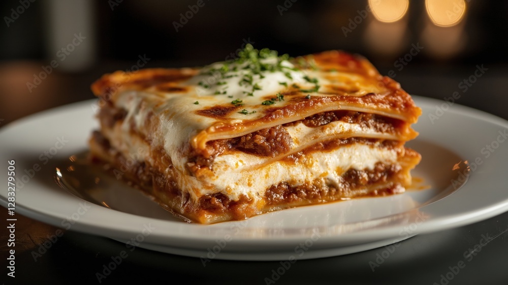 Slice of lasagna on a white plate. the lasagna is layered with layers of layers of meat and cheese, and topped with a layer of melted cheese and a sprinkle of chopped herbs. Slice of lasagna on a white plate. the lasagna is layered with layers of layers of meat and cheese, and topped with a layer of melted cheese and a sprinkle of chopped herbs.
