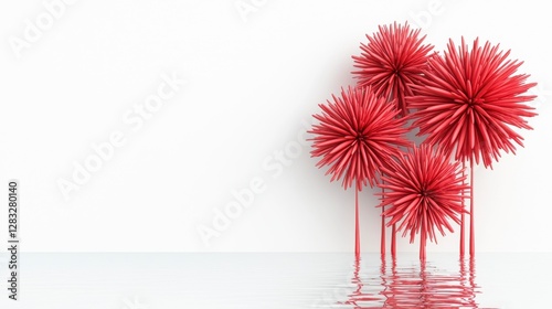 Five Red Spiky Spheres Reflected on Glossy Surface Against White Background