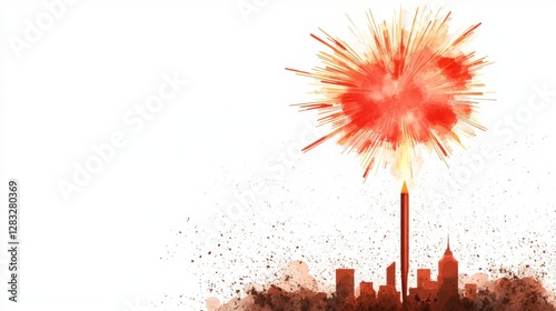 Red Firework Explosion Over Brown City Silhouette