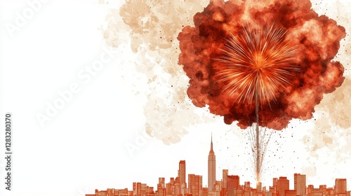 Watercolor Fireworks Explosion Over City Skyline at Night