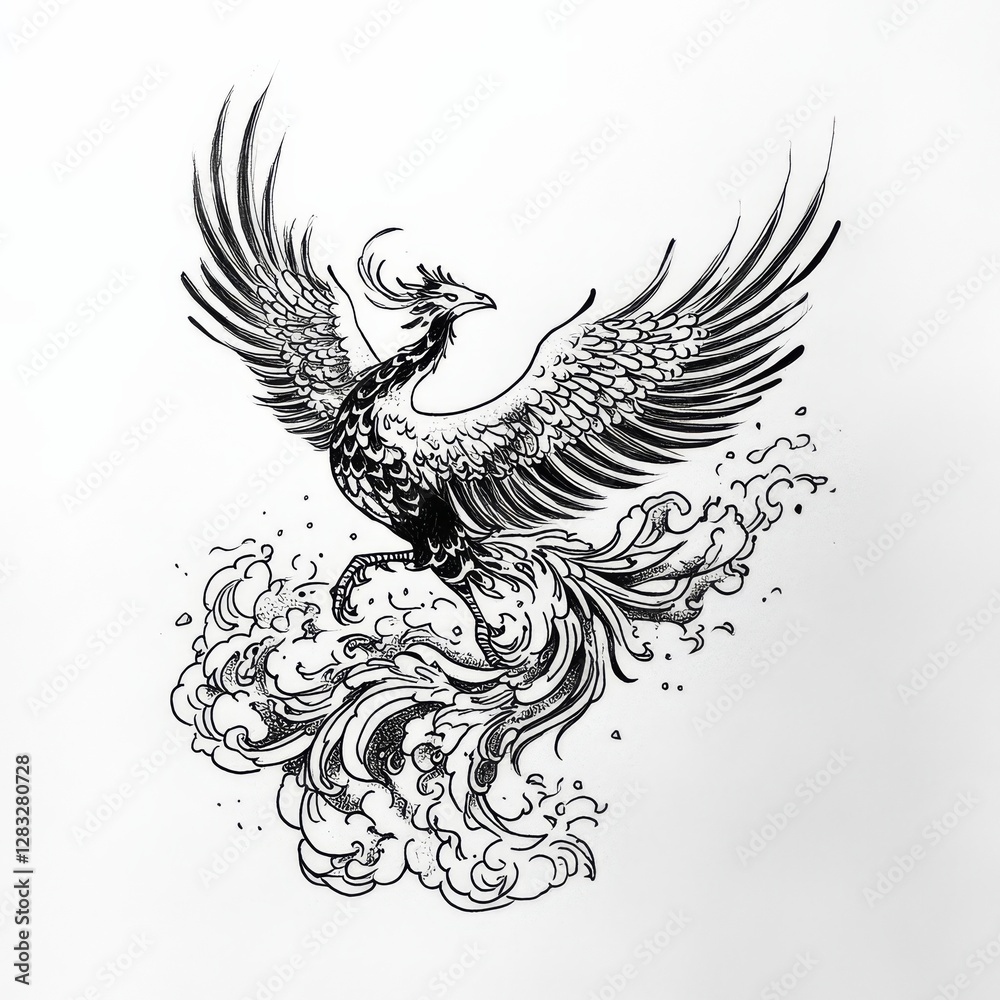 Fototapeta premium Rising Phoenix: A majestic phoenix rises from flames, a symbol of rebirth and strength, rendered in a striking artistic style.