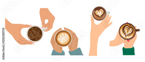 Cartoon hands holding cups with different types of coffee - espresso, americano, cappuccino, latte with foam in heart shape. Vector realistic illustrations set isolated