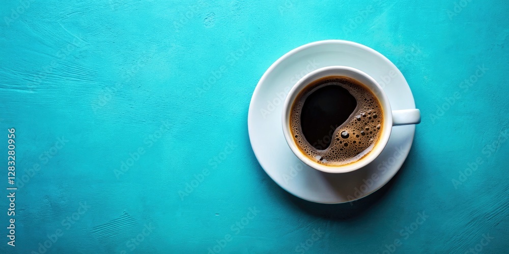 Obraz premium Black coffee fills a vintage cup; a close-up, top-down shot against a blue, retro-styled background.