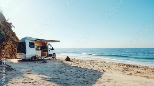 Fototapeta Naklejka Na Ścianę i Meble -  A sleek modern camping car sits on the beach facing the beautiful blue sea in summer