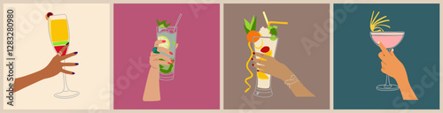 Set of Different hands holding cocktails, Popular alcohol drinks in glasses with decorations. Mojito, Pina Colada, Cosmopolitan, Daiquiri in female hands. Vector illustration on colorful backgrounds.
