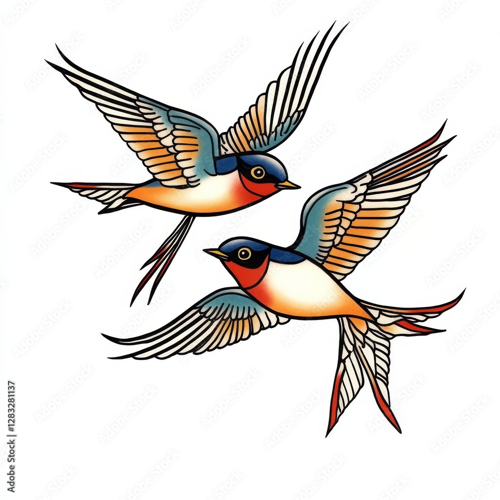 Obraz premium Flying Swallow Duo: Two elegantly illustrated swallows soar in unison against a pristine backdrop. This art piece beautifully embodies freedom and movement, perfect for themes of travel, nature.