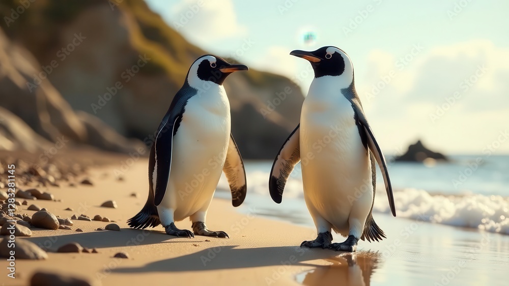Obraz premium Two penguins on a beach at sunset, a tender moment of avian companionship on a sandy shore