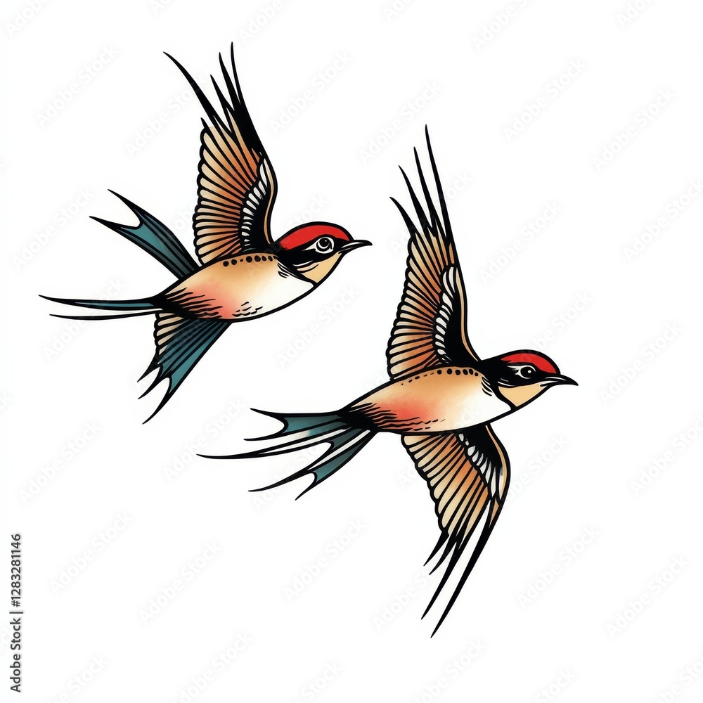 Obraz premium Soaring Swallows: Two swallows with graceful, intricate patterns soar freely through the open air, their wings spread wide in a dance of freedom. a symbol of movement, nature.