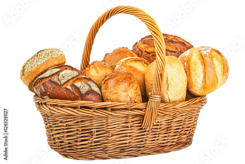 Freshly baked bread assortment in woven basket