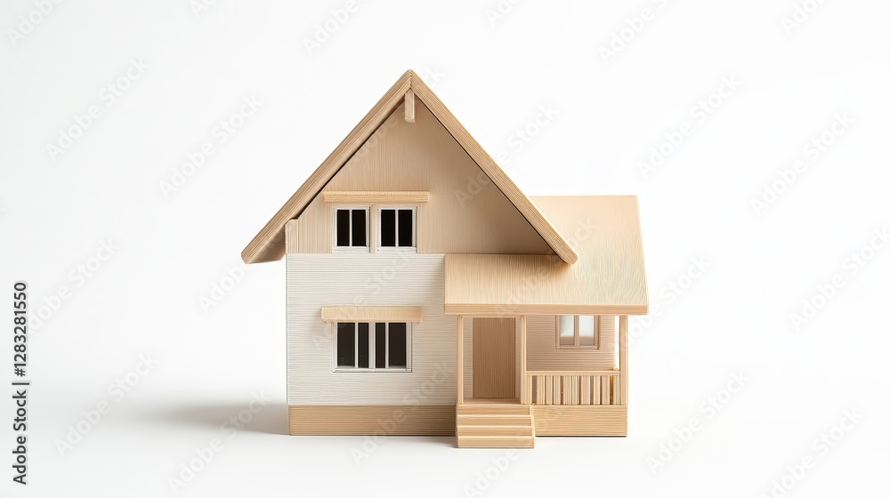 Wooden Model House on White Background with Detailed Features Wooden Model House on White Background with Detailed Features