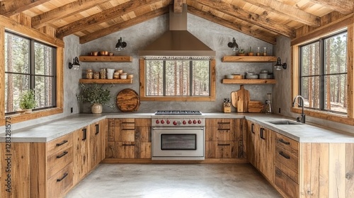 Rustic wood kitchen with concrete backsplash, showcasing a modern farmhouse style photo