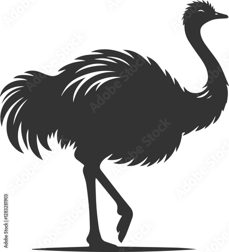 Ostrich standing on one leg, head slightly tilted animal vector silhouette