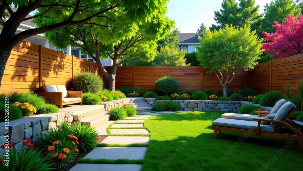 Obraz premium Serene Backyard Oasis Landscaped Garden with Wooden Fence, Stone Walls, Lush Greenery, and Relaxing Patio Furniture