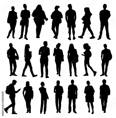 Silhouettes of diverse business people standing, men and women full length, front, side, back view. Vector black monochrome illustrations, icons isolated 