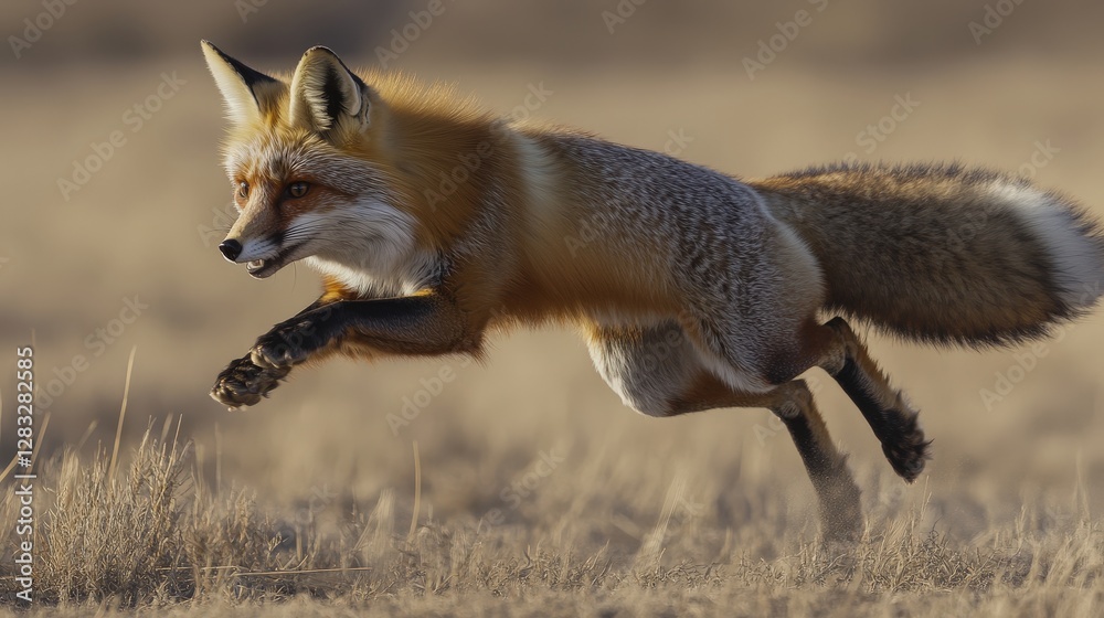 Fototapeta premium Red Fox in Motion Across a Dry Grassland Landscape During Daylight
