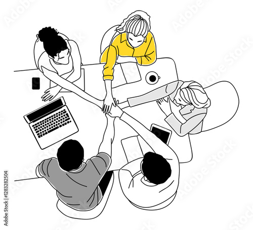 Business team scene top view. Set of businessmen, businesswomen sitting around the desk, discussing, brainstorming, joining hands for unity and support. Vector outline drawing Isolated