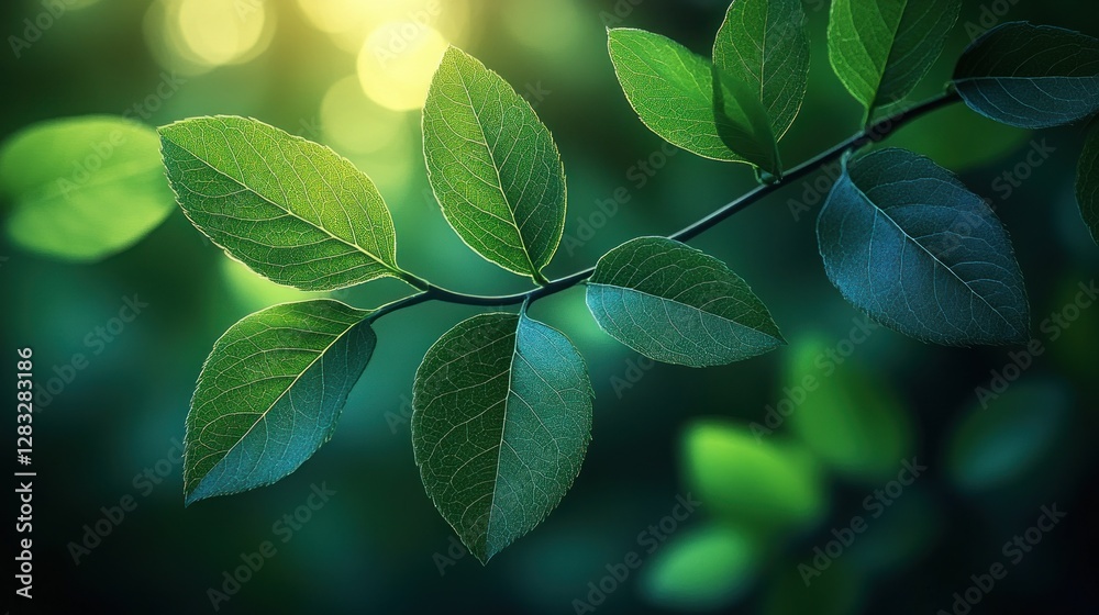 Fototapeta premium Lush leaves branch, dappled sunlight, forest background, nature detail