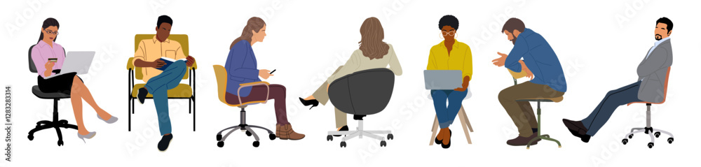 Fototapeta premium Business people sitting, working on laptop, reading, talking, side, front, back view. Set of Different female, male characters. Collection of vector illustrations isolated 
