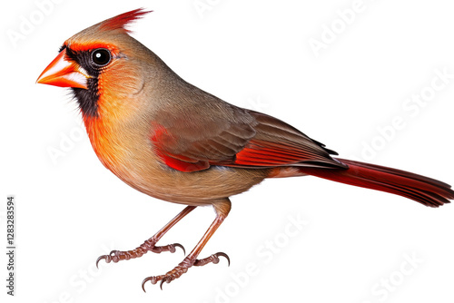 Female cardinal perched with vibrant feathers, cut out