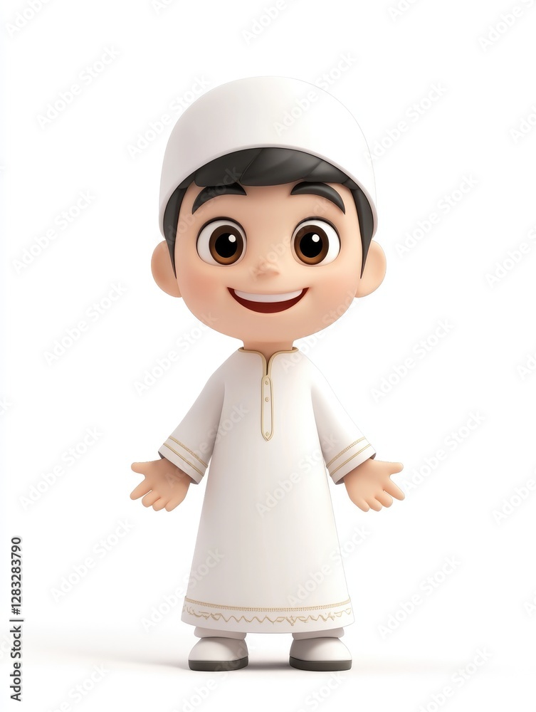 Smiling young boy dressed in white clothes is standing