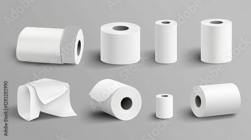 White toilet paper or hygiene tissue roll mock up. Realistic vector set of kitchen towel with carton spool cylinder tube standing and lying isolated on grey background. Blank lavatory napkin scroll.