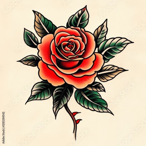 Traditional Rose Tattoo: A classic and timeless design, a vibrant red rose with intricate details and bold outlines, a symbolic representation of love and beauty.