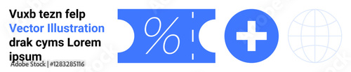 Ticket with percentage symbol, blue medical cross, and a globe grid. Ideal for healthcare discounts, global aid, charity, e-commerce, savings, healthcare systems abstract line flat metaphor