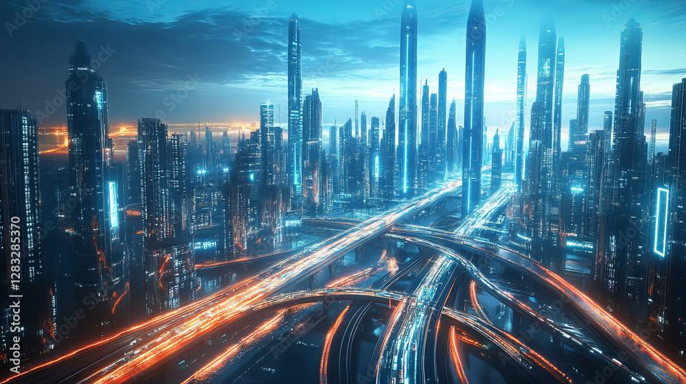 Fototapeta premium City of future isometric banner with speed trains riding on bridge with highway roads and glowing buildings around. Futuristic cityscape with neon glow skyscrapers illumination. 3d vector illustration