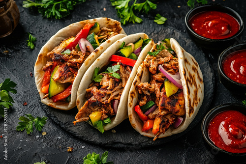 Juicy shawarma in pita bread with vegetables and sauce on a dark background photo