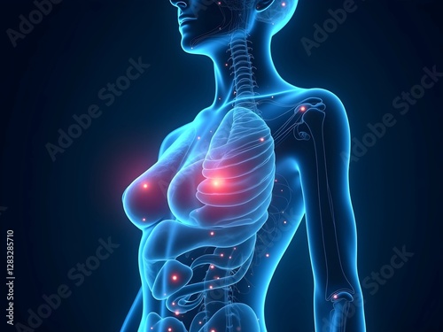 3D visualization of female breast anatomy with glowing blue translucent effect, detailed mammary structure with illuminated particles, medical examination or breast cancer awareness concept