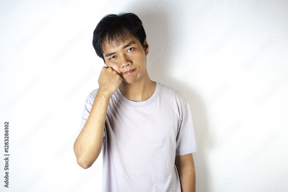 Asian teenager in white t-shirt posing with his hand on his chin Asian teenager in white t-shirt posing with his hand on his chin