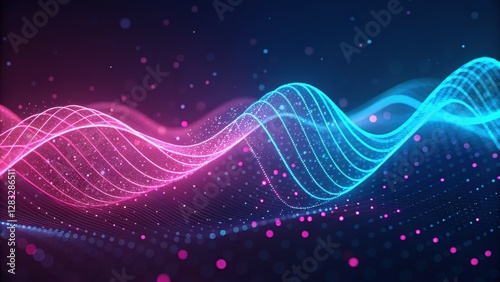 Glowing pink and blue neon digital waveform with a futuristic holographic data flow. Abstract high-tech wallpaper with soft bokeh, deep depth of field, and sleek design
