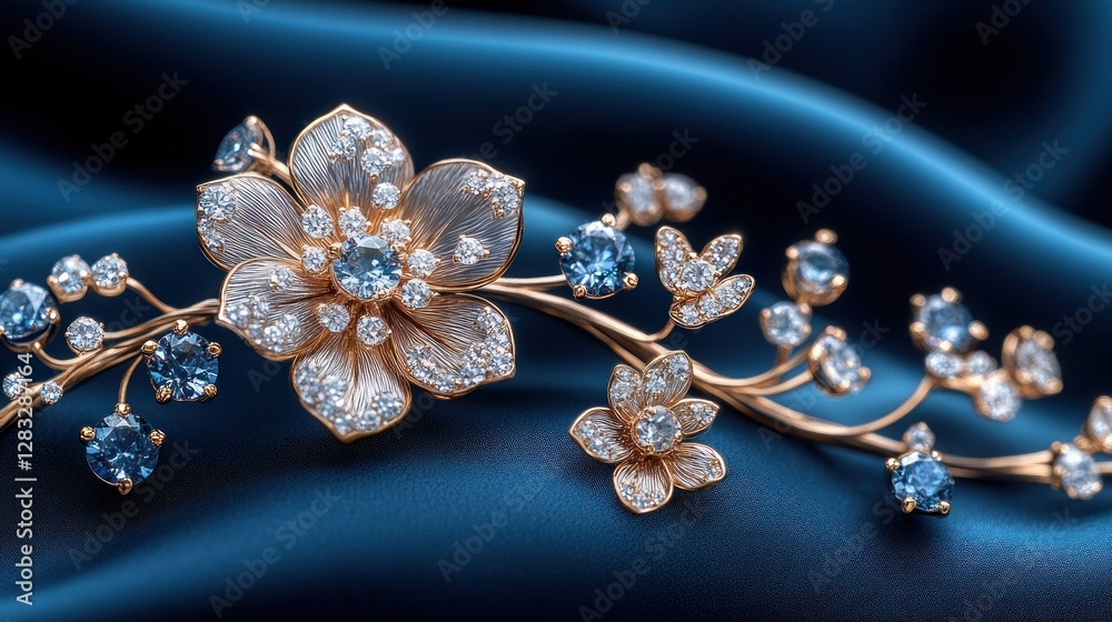Naklejka premium Luxury gold flower brooch on blue satin