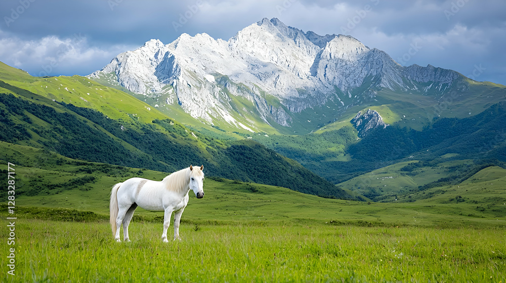custom made wallpaper toronto digitalWhite horse in mountain pasture, scenic landscape