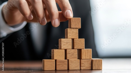 A person is holding a stack of wooden blocks