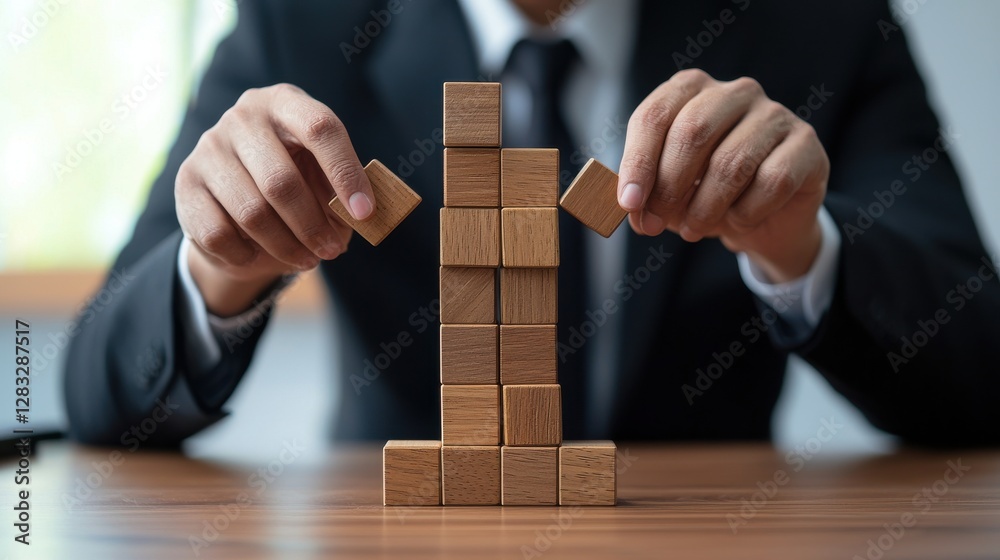 A man in a suit is building a tower out of wooden blocks A man in a suit is building a tower out of wooden blocks