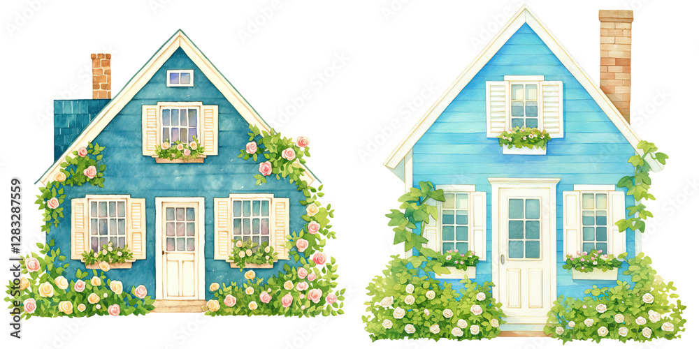 Fototapeta premium Two charming, blue houses adorned with vibrant flowers and greenery, each featuring distinct architectural elements.