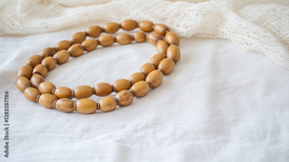 Obraz premium Elegant Wooden Beads on Soft Fabric Background for Craft Projects