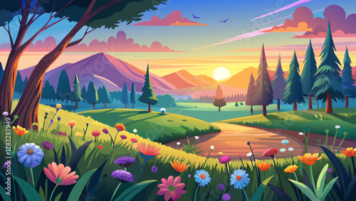 summer landscape with the blossoming meadow, sunrise.panorama